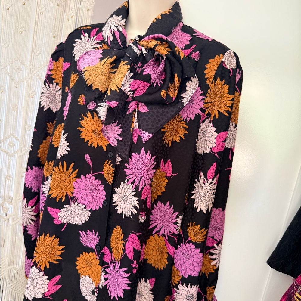 Ann Taylor Black Floral Bow-Tie Blouse with Pink & Orange Flowers - Picture 2 of 9